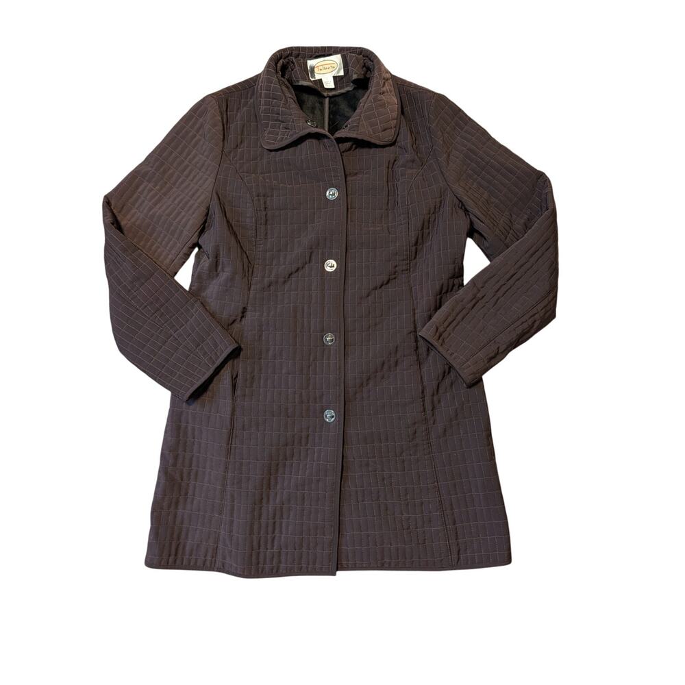 Talbots Women’s Brown Quilted Fleece Lined Button Front Long Coat Size Large